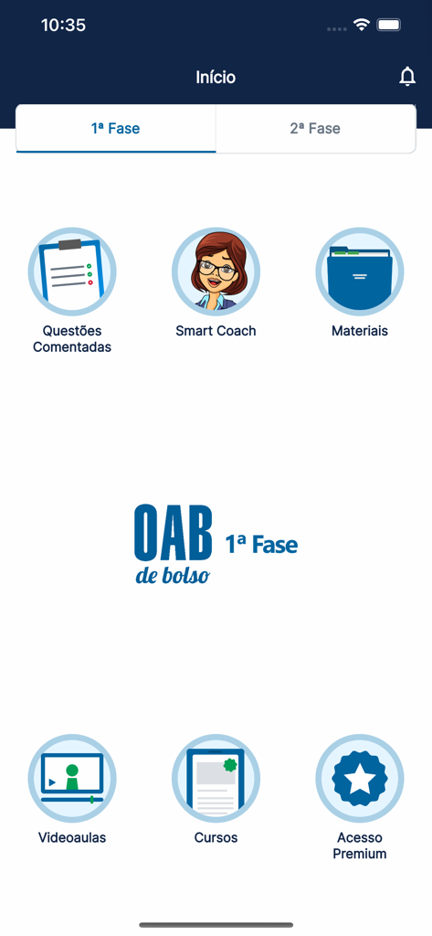 Startbildschirm der OAB de Bolso-App mit Symbolen für Smart Coach-Videolektionen und kommentierten Fragen zum Studium der Anwaltsprüfung