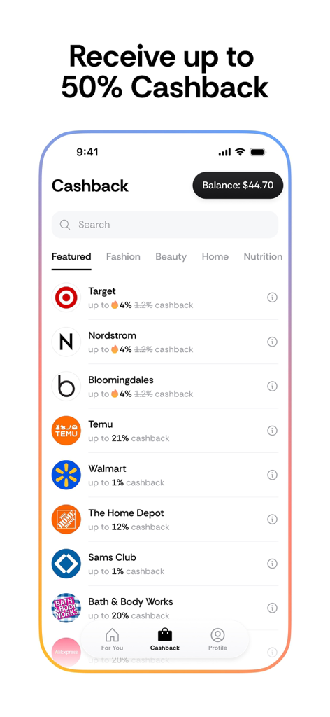 Findies app screen displaying cashback offers from major retail brands like Target and Walmart
