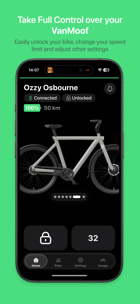 MoofMate - MoofMate app interface showing a connected VanMoof bike with battery level and speed limit settings