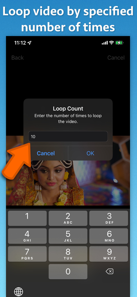 Ein Screenshot von Video Looper Pro, der das Eingabefeld für die Schleifenzahl zeigt, um die Anzahl der Videowiederholungen anzugeben.