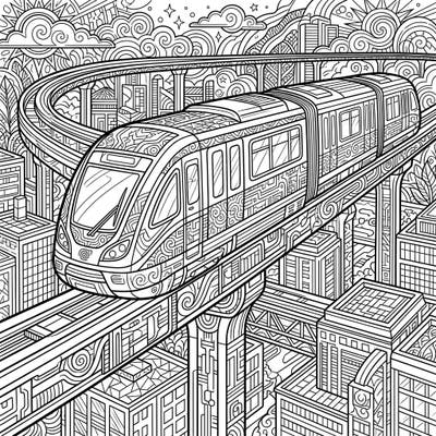 Immerse yourself in urban wonder with this sophisticated monorail train adult coloring page. Featuring an intricately designed elevated track winding through a vibrant, patterned cityscape, it promises a truly engaging artistic escape.