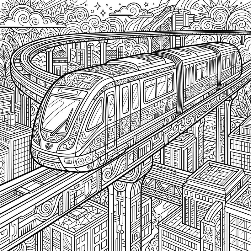 Immerse yourself in urban wonder with this sophisticated monorail train adult coloring page. Featuring an intricately designed elevated track winding through a vibrant, patterned cityscape, it promises a truly engaging artistic escape.