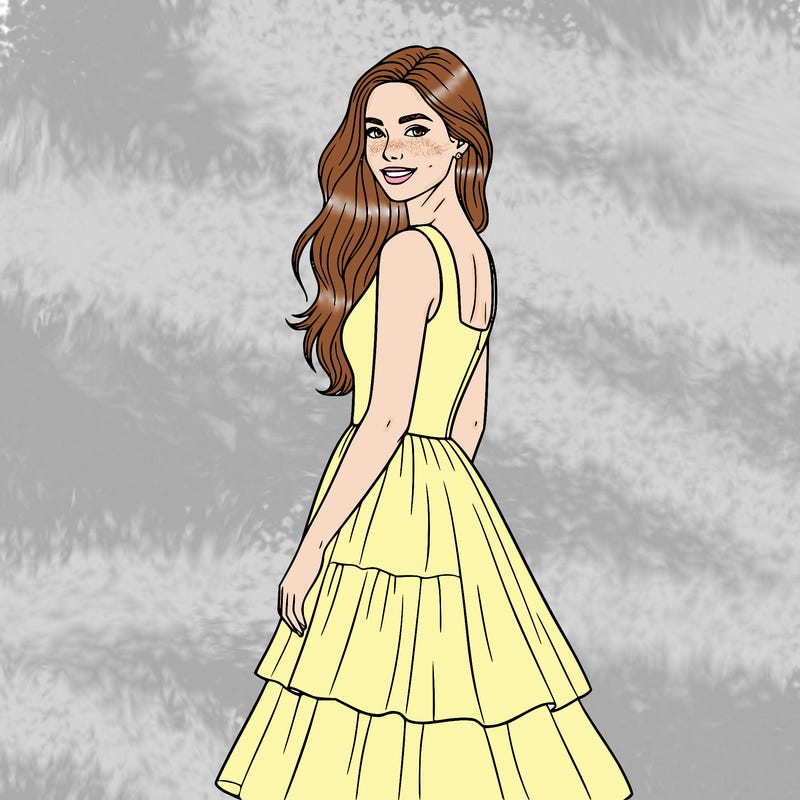 a kind of close up girl who is really pretty. she has hair to her waist that is really pretty. one side of her hair is behind her and the other half is in front of her. she is wearing a really pretty prom dress. it is a square neck dress that is flowy and is tiered. it has tank top like sleeves. she is smiling and is looking really pretty.