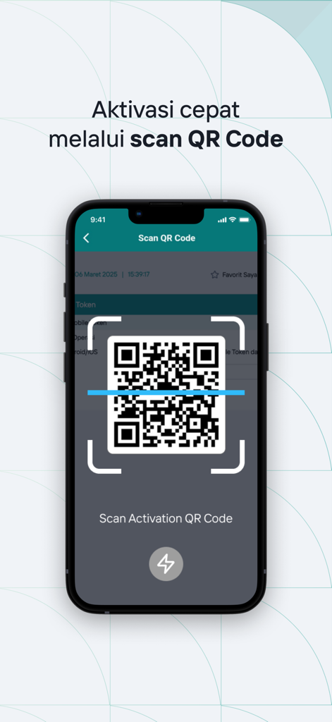 빠른 계정 활성화를 위한 QR 코드 스캐너를 보여주는 BNI Mobile Token 앱 인터페이스
