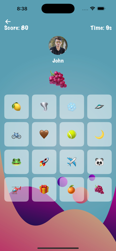 Robz - Gameplay interface of Robz app featuring an emoji matching grid with score and player profile
