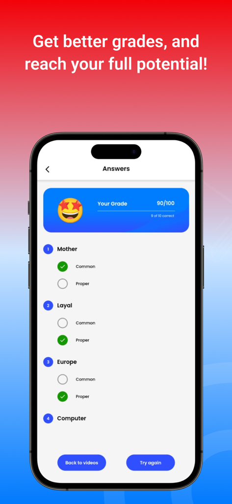 SchoolTube - A mobile screen from the SchoolTube app showing quiz results with a score of 90 out of 100 and correct answers for common and proper nouns.