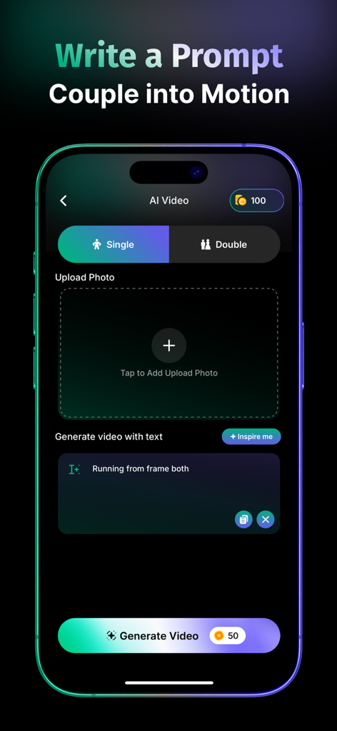 Mobile app interface for AI Video Generator PicVideo showing text to video prompt and photo upload