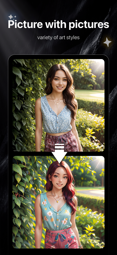 SD - AI Art Photos Generator - A comparison showing a real photo of a woman transformed into an anime style character using AI art generation.