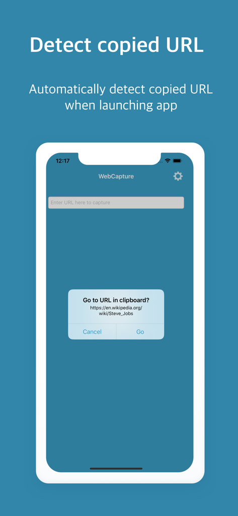 WebCapture app interface showing an automatic clipboard URL detection popup on an iPhone