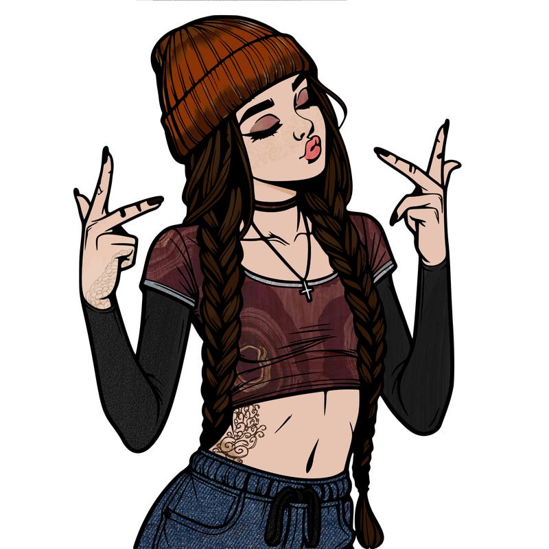 realistic teenage girl with braids and a beanie and crop top doing 🫶🏼