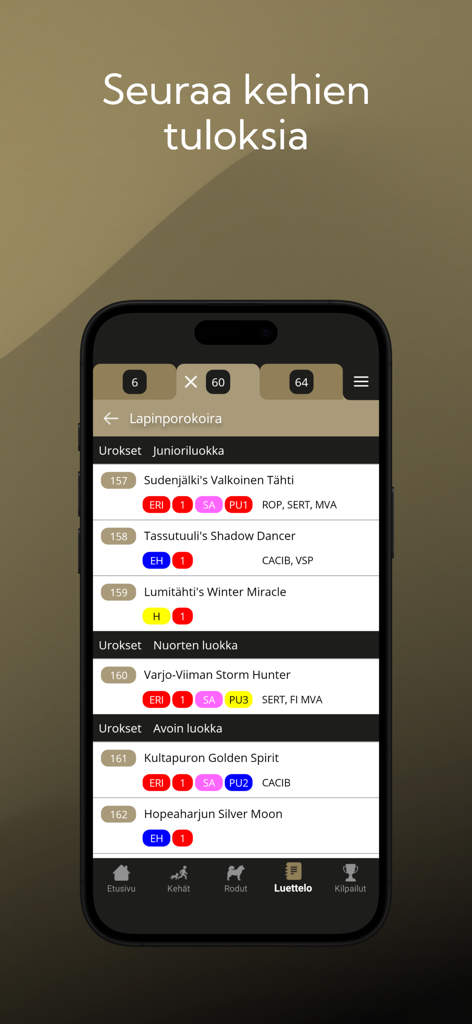 Showlink - Mobile interface of the Showlink app displaying real-time dog show results and rankings for various breed classes.