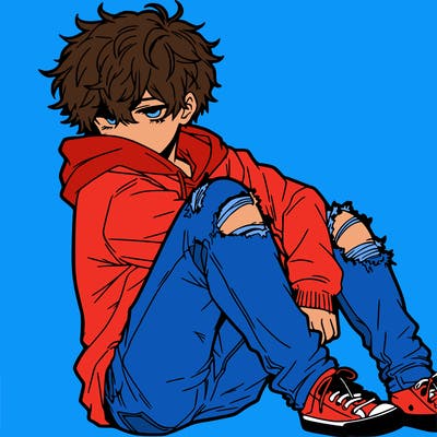 a male hoddie ripped jeans messy hair anime