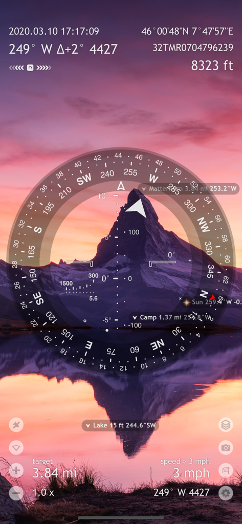 Spyglass app featuring a tactical augmented reality navigation interface with a digital compass and GPS data over a mountain landscape