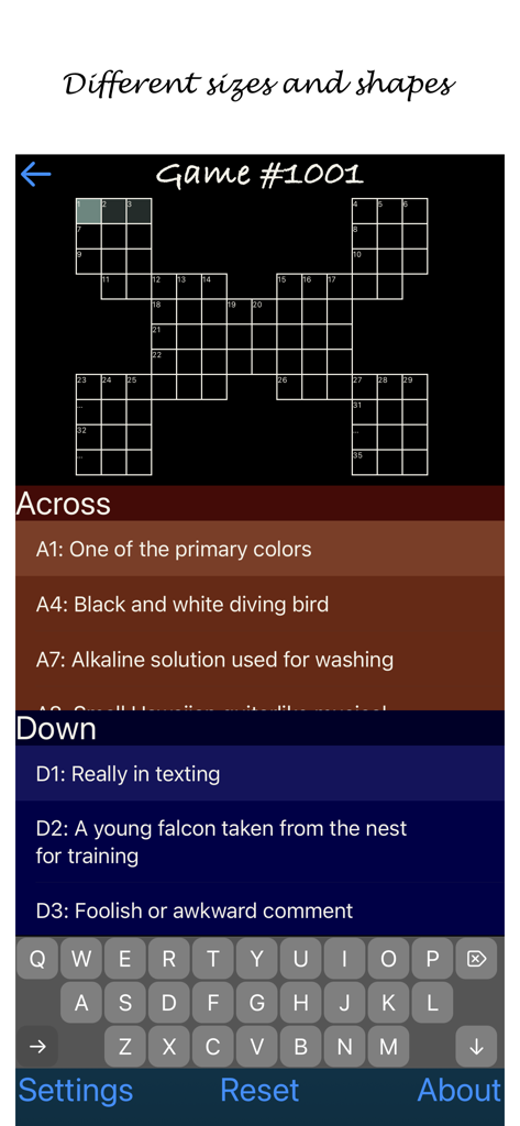 Solo Cross app interface showing a uniquely shaped crossword puzzle grid with across and down clues and an on-screen keyboard.