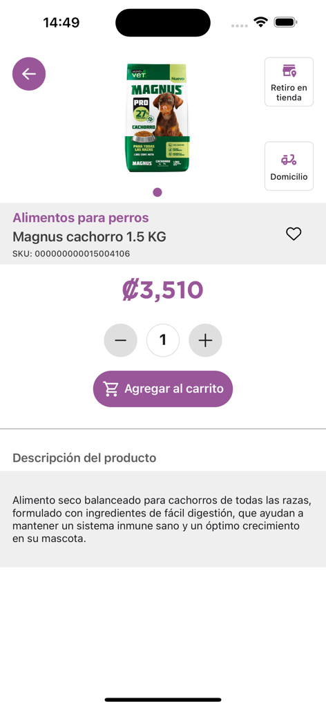 Dos Pinos APP - Página de detalle del producto para comida de cachorros Magnus en la app Dos Pinos con precio y opciones para agregar al carrito
