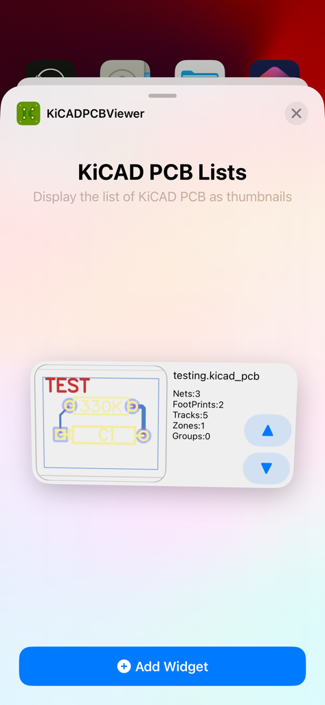 iOS-Widget-Auswahlbildschirm für KiCAD PCB Viewer, der eine Liste von PCB-Designs als Miniaturansichten anzeigt
