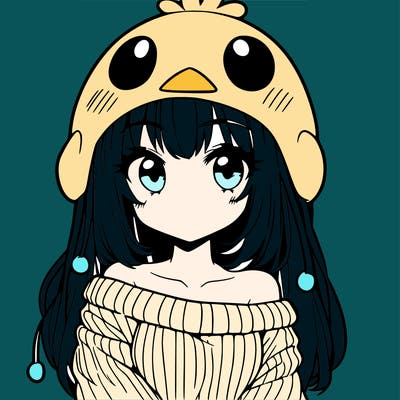 anime girl with chick shaped hat with sweater with bare shoulders with bangs covering them one eye with low tail