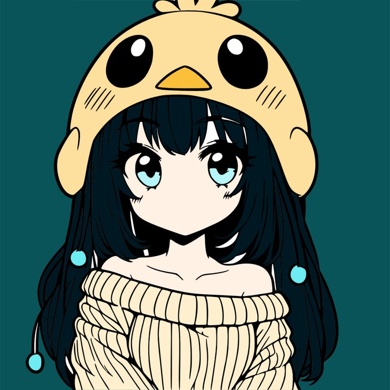 anime girl with chick shaped hat with sweater with bare shoulders with bangs covering them one eye with low tail