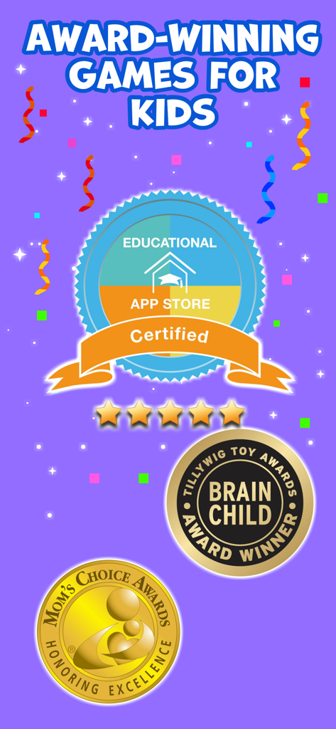 Kids Autism Games - AutiSpark - AutiSpark award winning games for kids showing certifications from Educational App Store, Tillywig Toy Awards, and Mom's Choice Awards.