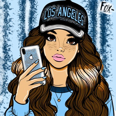 realistic beautiful girl wearing los ángeles cap holding an iphone