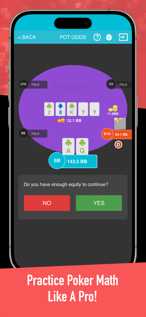 Preflop+ Poker GTO Nash Charts - A mobile app interface showing a poker pot odds and equity training drill with hole cards and community cards.