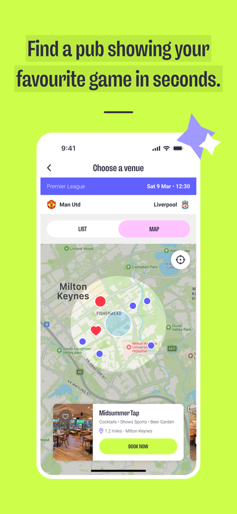 MiXR mobile app interface displaying a map to find and book pubs showing live sports games