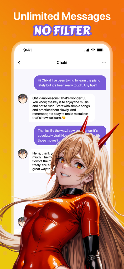Fantasy AI mobile app interface showing a chat with an anime character and a no filter message banner