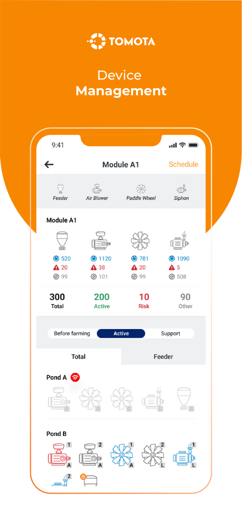 Dashboard dell'app Tomota per la gestione remota di attrezzature per l'acquacoltura come mangiatoie e ruote a pale