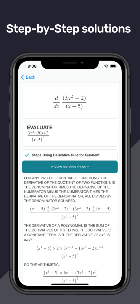 Math Scaner - AI Math Solver - A mobile phone screen displaying a detailed step by step calculus derivative solution