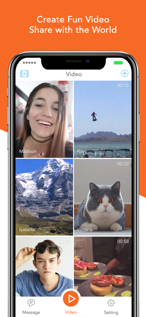 Flixchat - Cool Short Videos - Interface do aplicativo Flixchat exibindo uma grade de vídeos curtos gerados por usuários em uma tela de smartphone