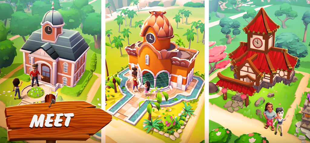 Sunshine Island: Farming Game - Drei verschiedene architektonische Baustile und Spielfiguren aus Sunshine Island, die europäische, tropische und asiatische Designs zeigen.