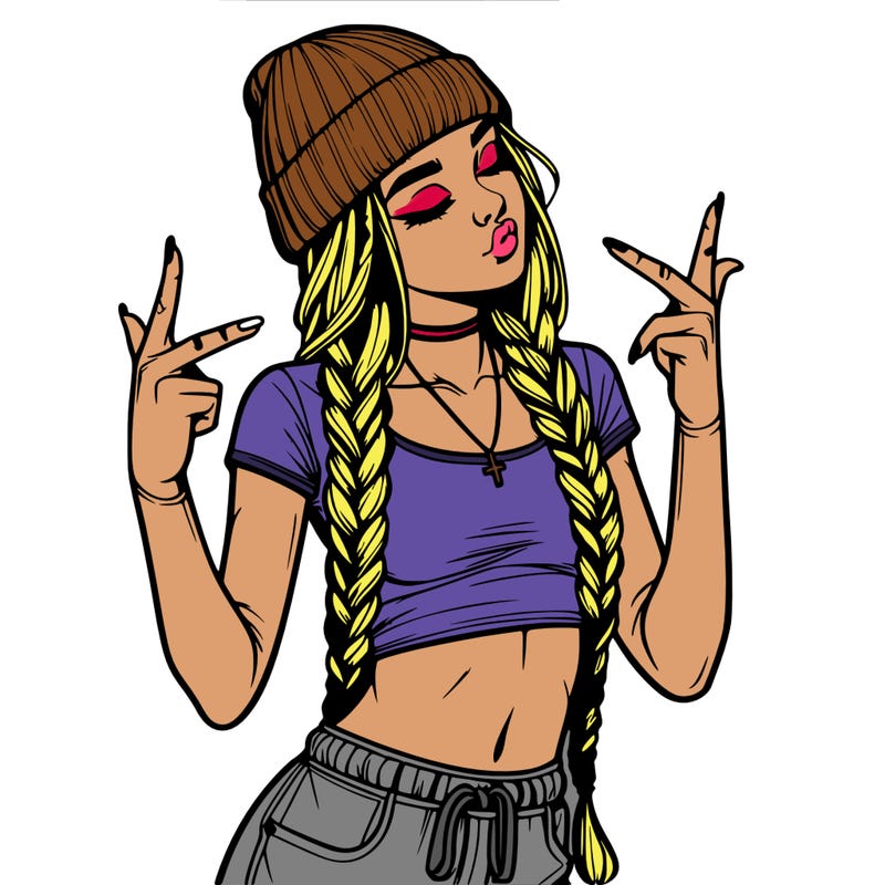 realistic teenage girl with braids and a beanie and crop top doing 🫶🏼