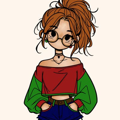 girl with a messy ponytail glasses a baggy crop top and jean shorts