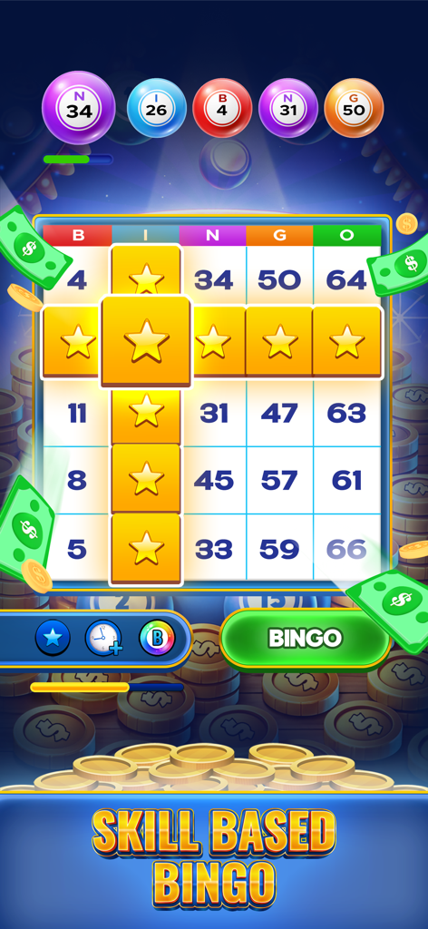 Cash Prize Bingo - In game view of Cash Prize Bingo showing a marked bingo card and floating cash prizes