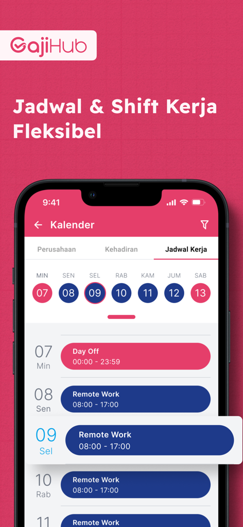 Gajihub - Payroll & Absensi - Calendário do aplicativo móvel Gajihub exibindo turnos de trabalho flexíveis e horários de trabalho remoto