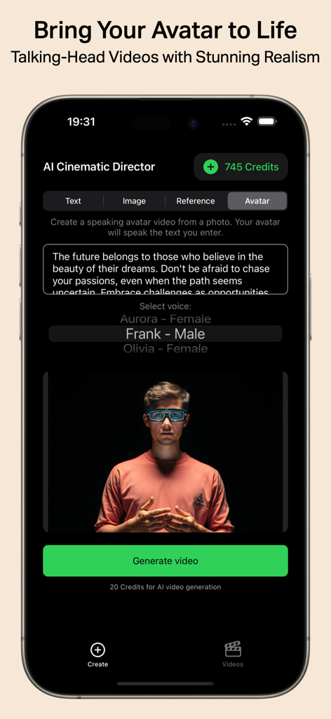 Cinematic AI: Create AI Videos - Cinematic AI app interface for generating realistic talking head videos from photos and text.