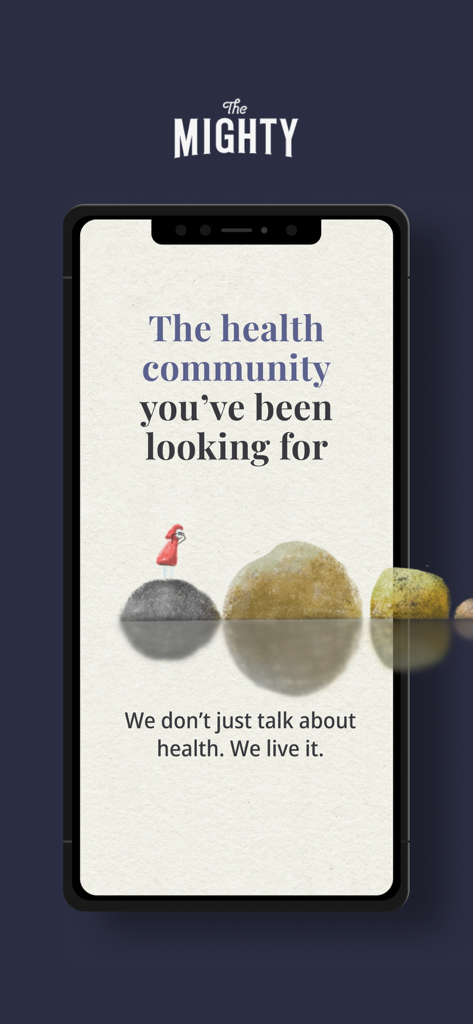 Intro screen of The Mighty app showing the health community tagline