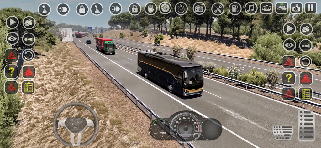 Bus Simulator: Parking Games - A black bus driving on a highway in Bus Simulator Parking Games with mobile control overlays
