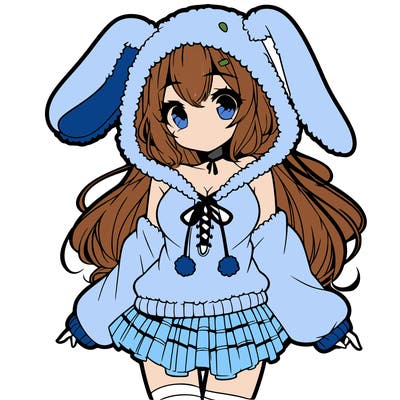 pretty anime girl wearing a fluffy hoodie with bunny ears on the hood and a skirt