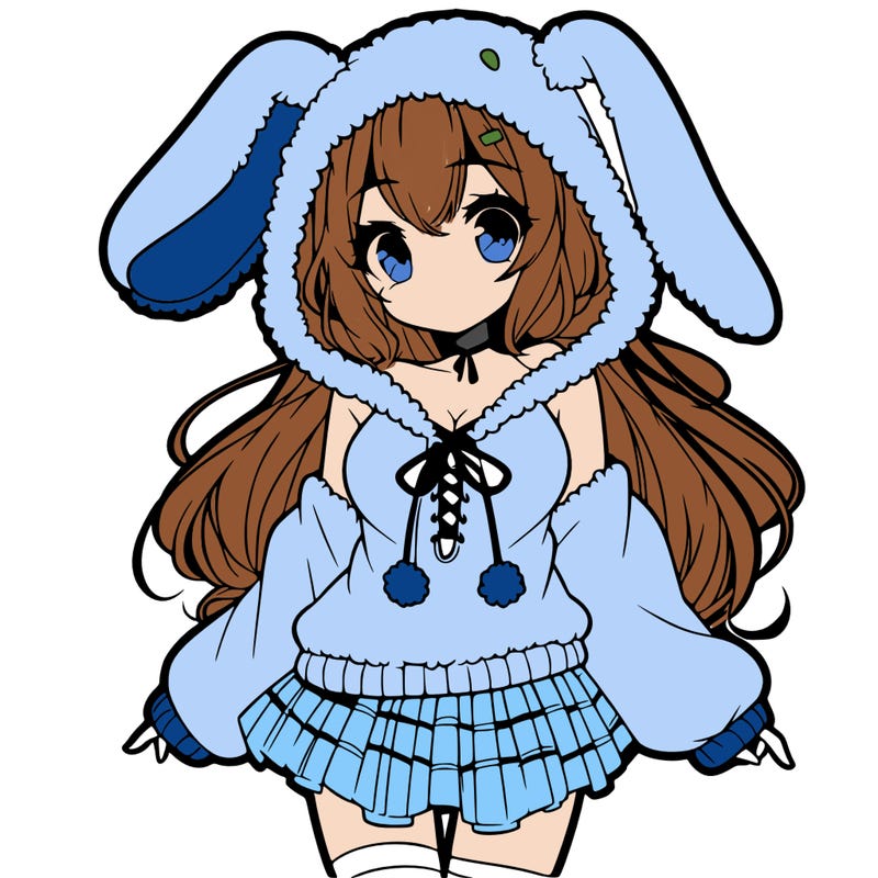 pretty anime girl wearing a fluffy hoodie with bunny ears on the hood and a skirt
