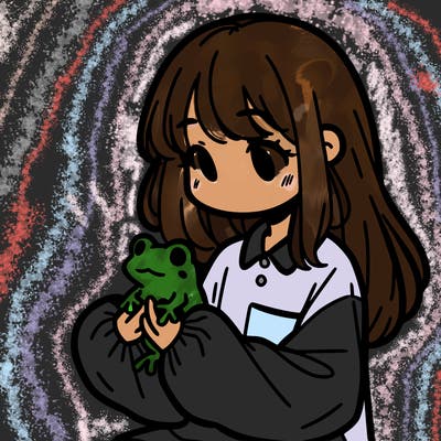 girl with long hair and a oversized shirt. and she is holding a frog