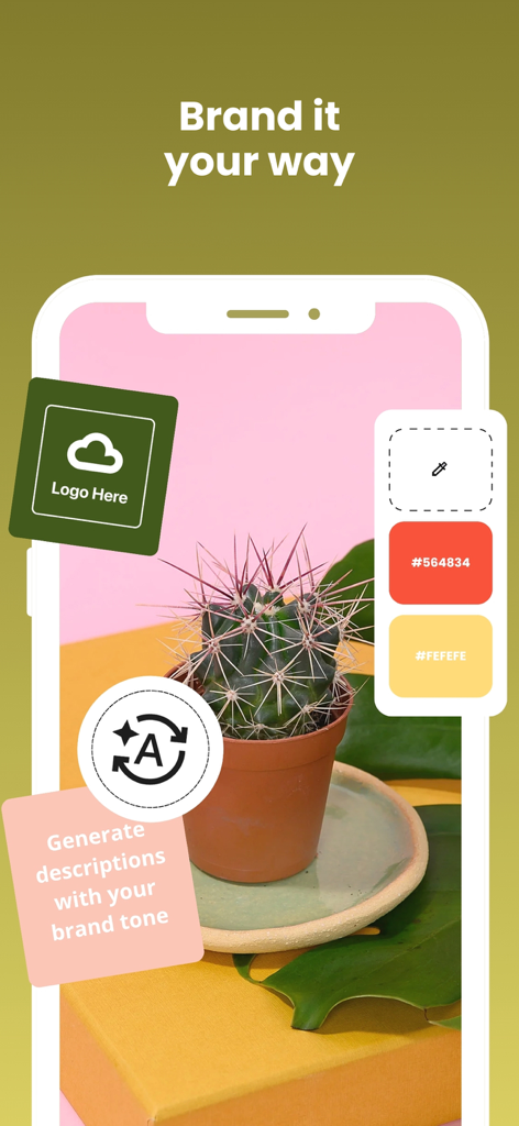 Reels & Story Maker: Storybeat - ロゴ配置、カラーパレット、AIブランドトーン説明ジェネレーターを含むブランディングツールを示すStorybeatモバイルアプリのインターフェース。