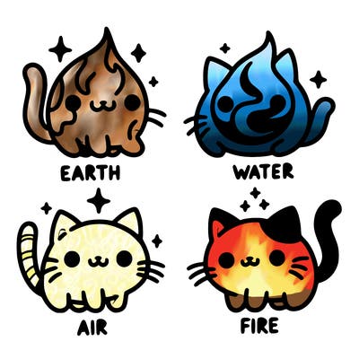 4 cats that represent the different elements, earth, water, air, and fire
