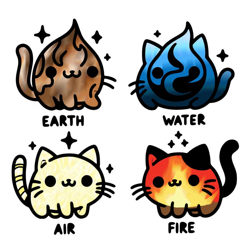 4 cats that represent the different elements, earth, water, air, and fire