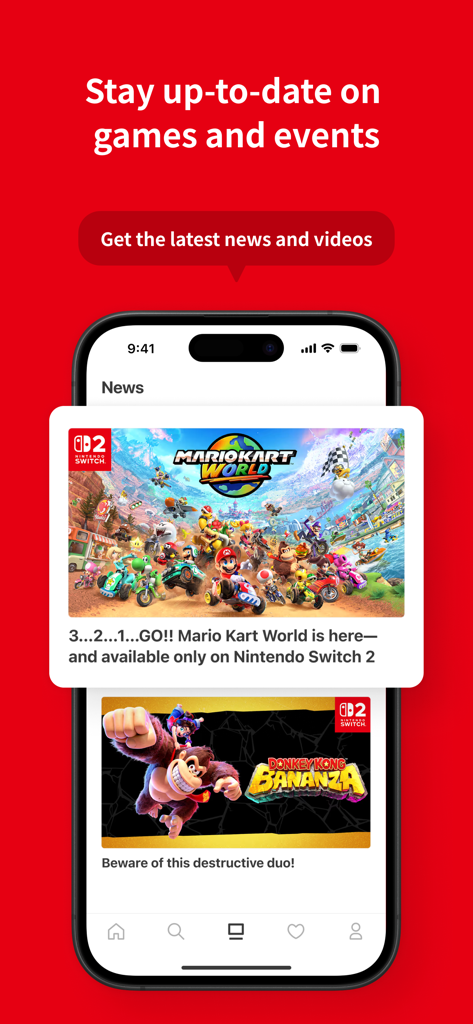 La section d'actualités de l'application mobile Nintendo Store montrant des annonces de jeux et des mises à jour d'événements pour la Nintendo Switch 2.