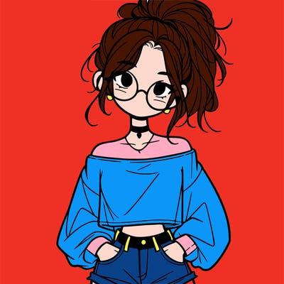 girl with a messy ponytail glasses a baggy crop top and jean shorts