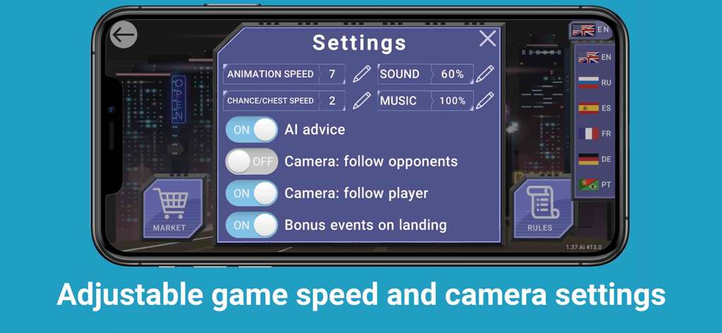 Quadropoly - Monopolist Tycoon - Interface showing adjustable game speed and camera settings in the Quadropoly mobile app