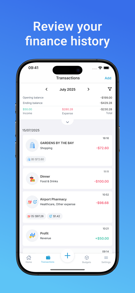 Money Tracker - Mona AI - Mona AI money tracker interface showing transaction history and balance summary