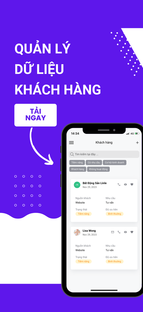 Bất Động Sản CRM - Benutzeroberfläche der mobilen App für das Immobilien-CRM zur Verwaltung von Kundendaten auf Vietnamesisch