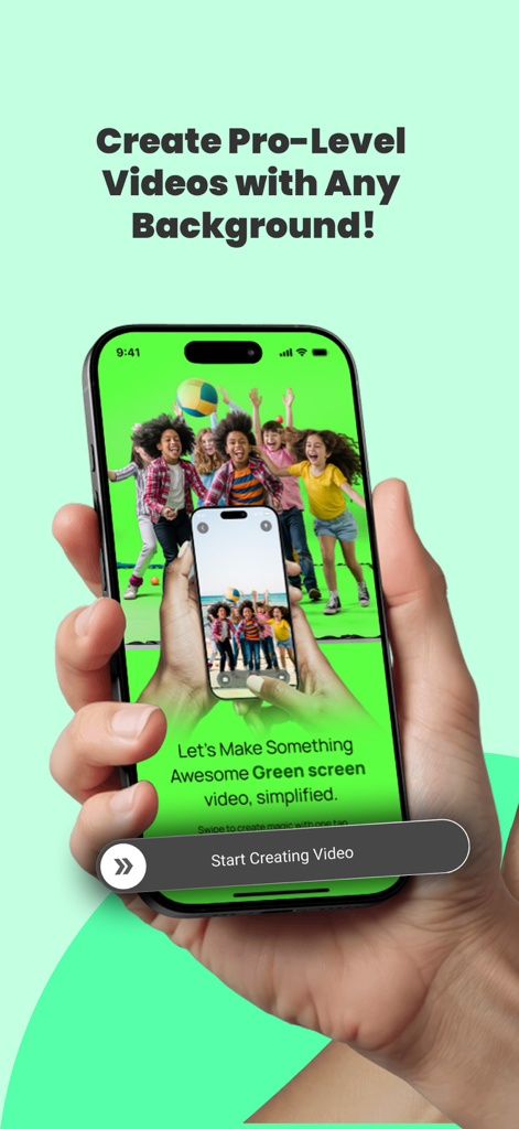 Smartphone-Bildschirm, der den Live-Hintergrundaustausch mit der Green Screen App zeigt